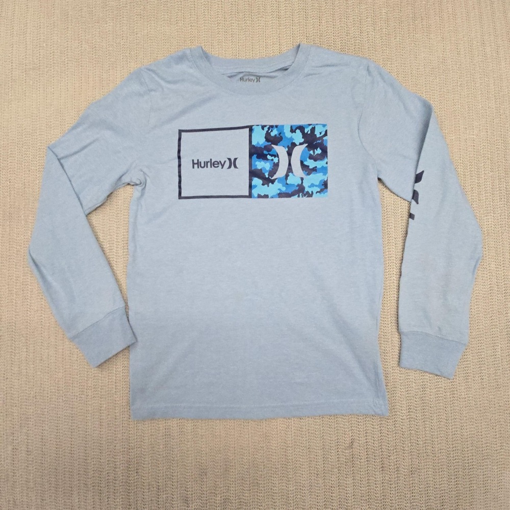 Hurley Shirt Youth 10-12 Blue Logo Camo Graphic Long Sleeve Crewneck Tee